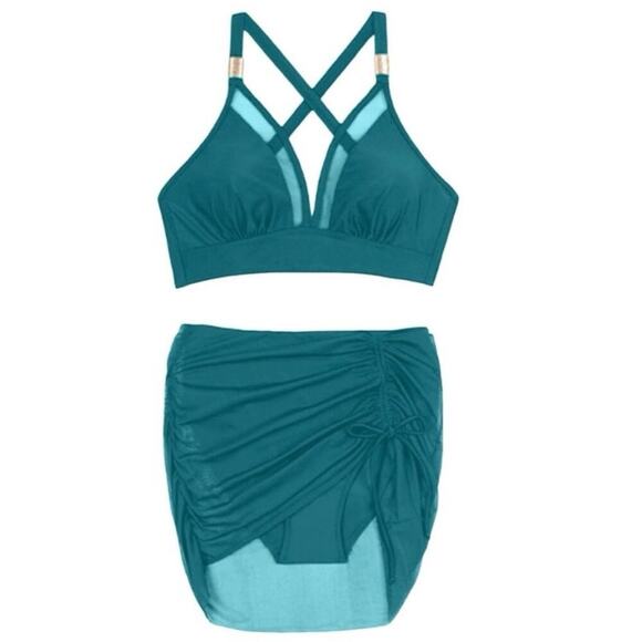 LBJSXJ Teal Mesh Panel Bikini Top & Ruched Sheer Skirt Swim Cover Up Set L NEW - Picture 9 of 14